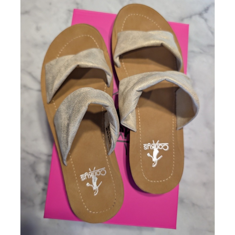 Corkys With A Twist Sandals Women 7 Gold Excellent Metallic Double Strap Slides